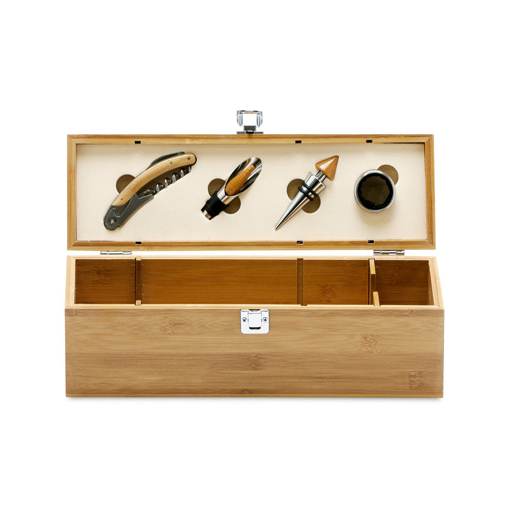 Bamboo, zinc and stainless steel wine set