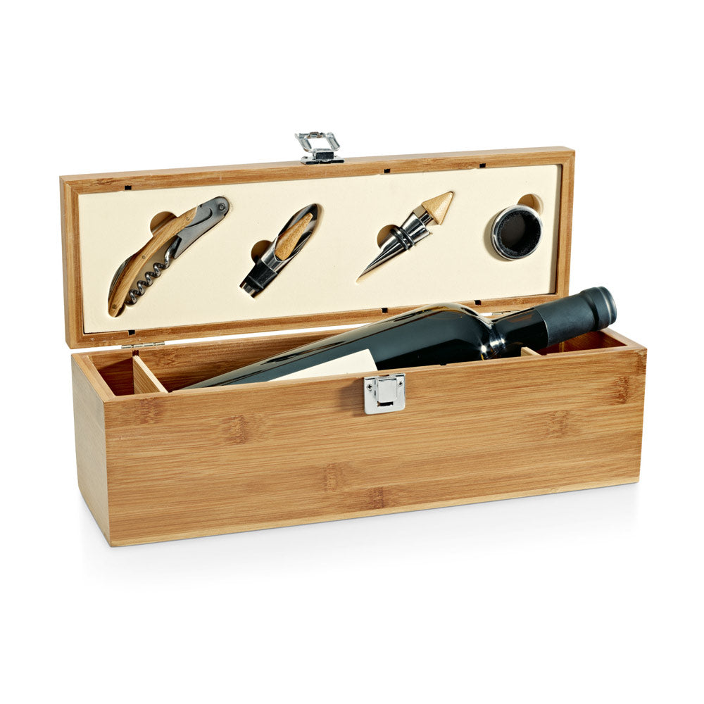 Bamboo, zinc and stainless steel wine set